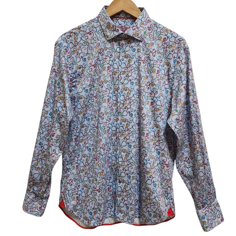 Visconti Black Shirt Mens L 100% Cotton Blue Abstract Scroll Button Long Sleeve